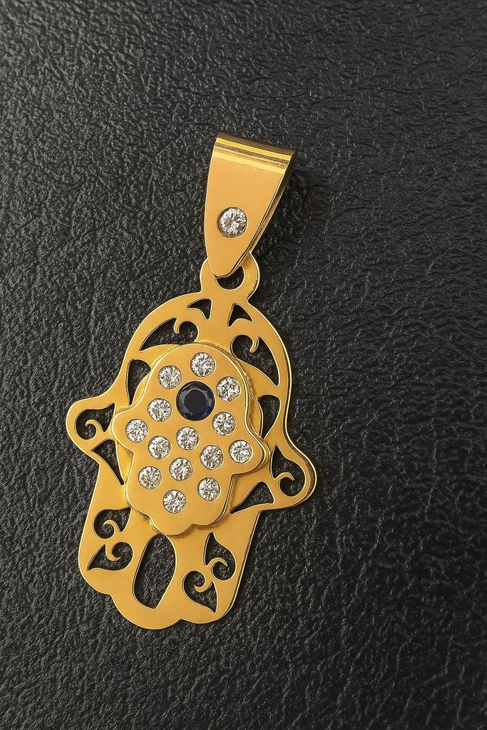 COLGANTE mano de Fátima de oro amarillo de 18 kilates, circonitas y zafiro central