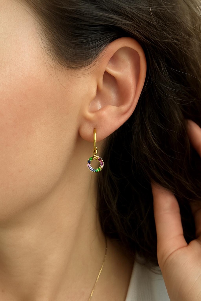 PENDIENTES Argollas ORO Amarillo 18K con círculo de rubís de colores