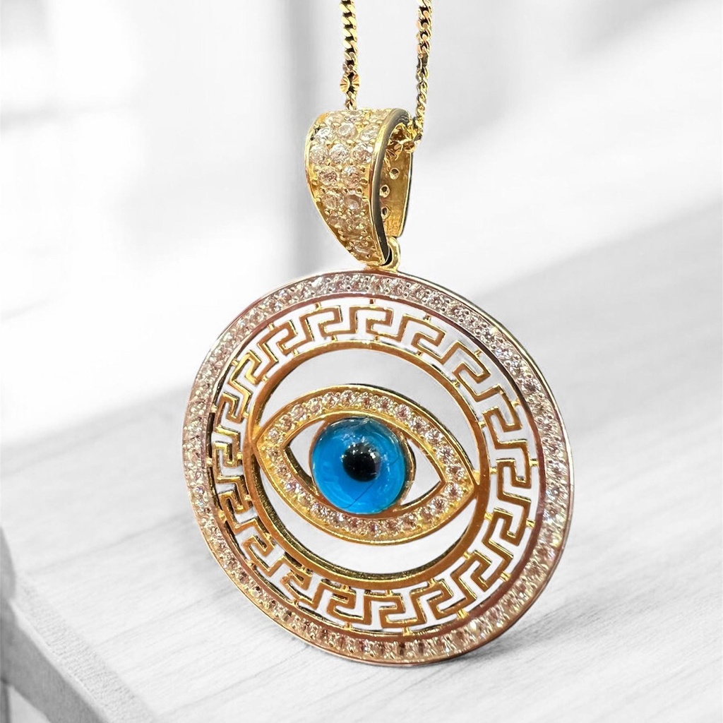 COLGANTE OJO TURCO Oro Amarillo 18 Kilates y Circonitas, Ojo protector, Protección Oro 18 k, labrado greco