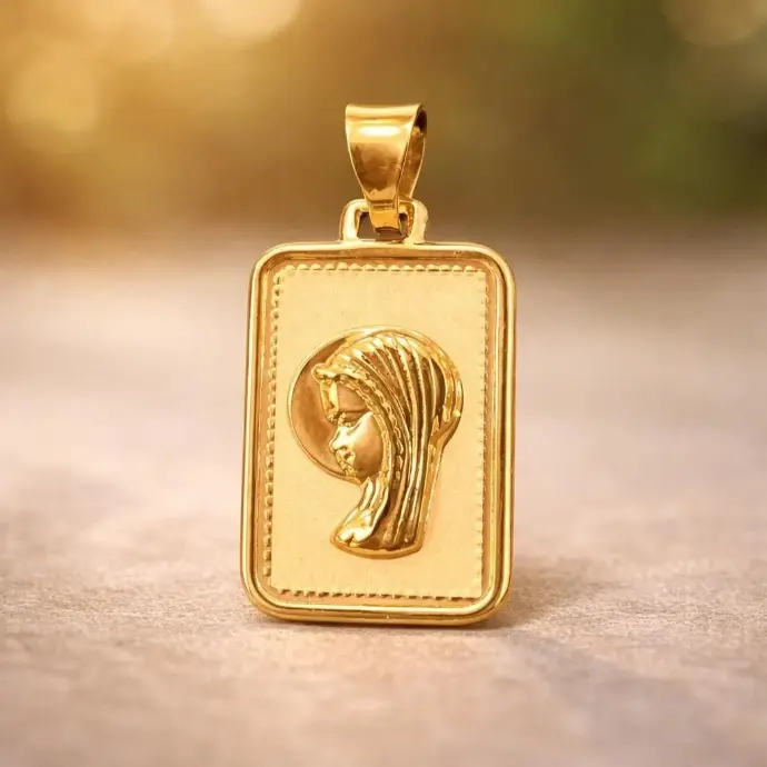 MEDALLA Rectangular Virgen Niña de Oro Amarillo 18 kilates 