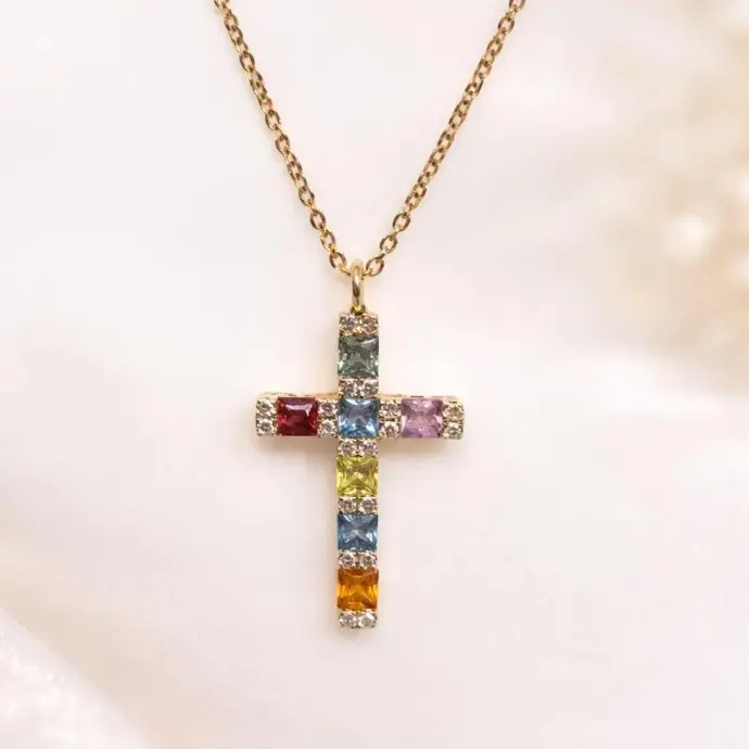CADENA y COLGANTE Cruz con Brillantes y Zafiros de colores, Oro Amarillo de 18 kilates