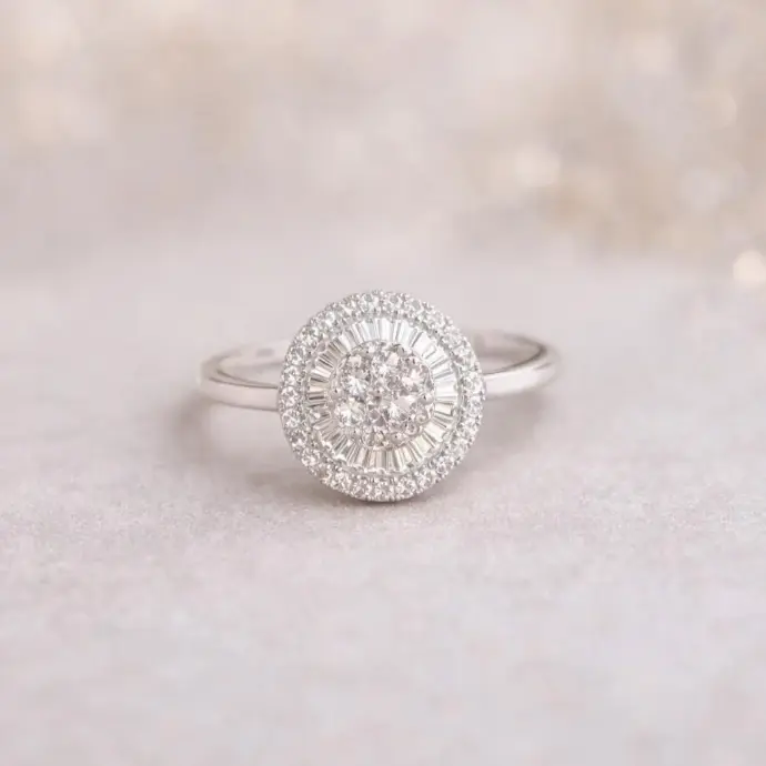 ANILLO DIAMANTES Oro Blanco 18 k, Brillantes redondos y baguette