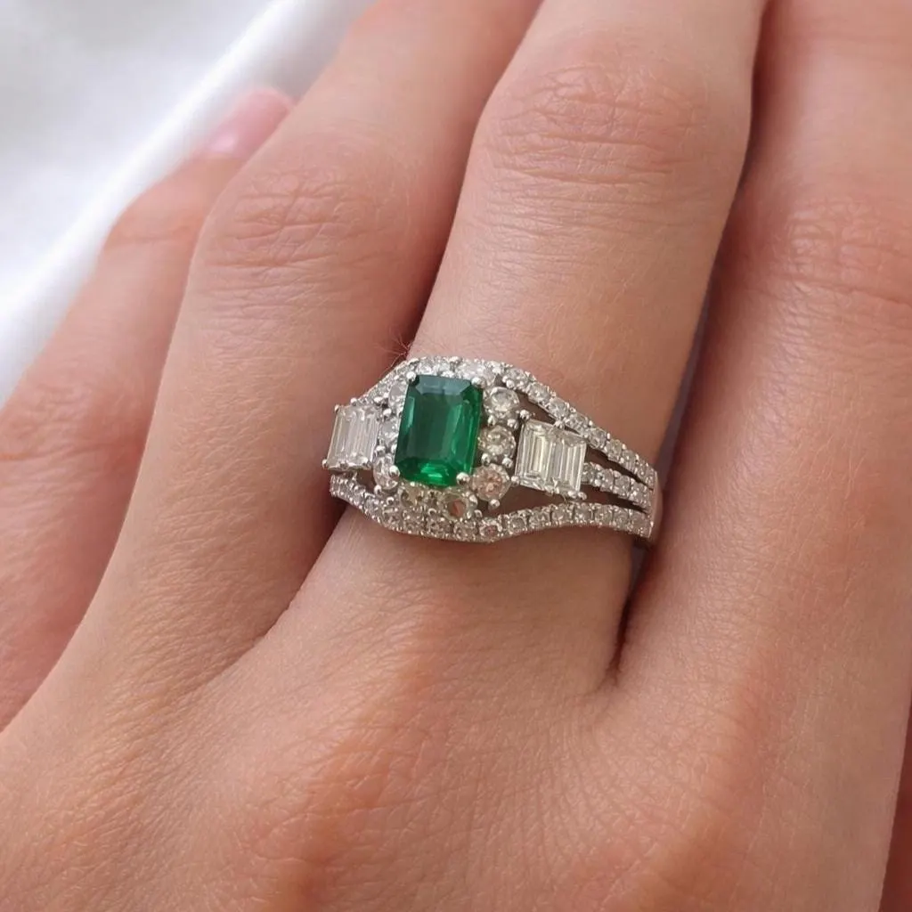 ANILLO de ESMERALDA Rectangular Colombiana y BRILLANTES en Oro Blanco 18 k