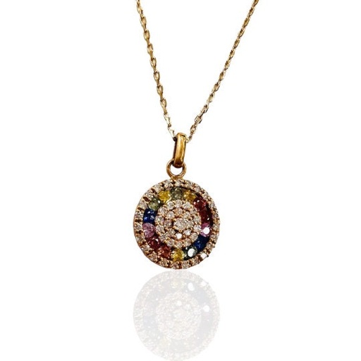 [Co 104] Cadena y colgante de oro amarillo de 18 kilates con diamantes de 0.26 quilates en total y zafiros multicolor Cachemira. 