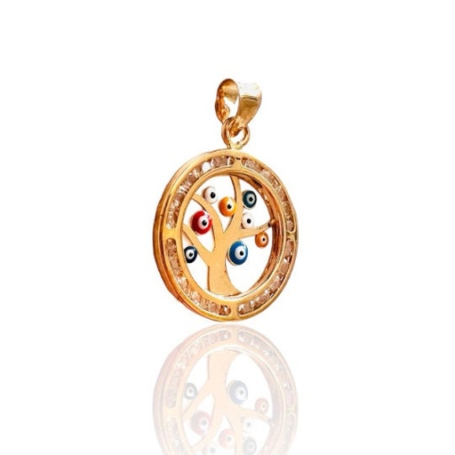 [Co 114] COLGANTE ÁRBOL de la Vida y Ojos Turcos con una Circunferencia de Circonitas y ORO Amarillo  de 18 Kilates, Colgante para Cadena
