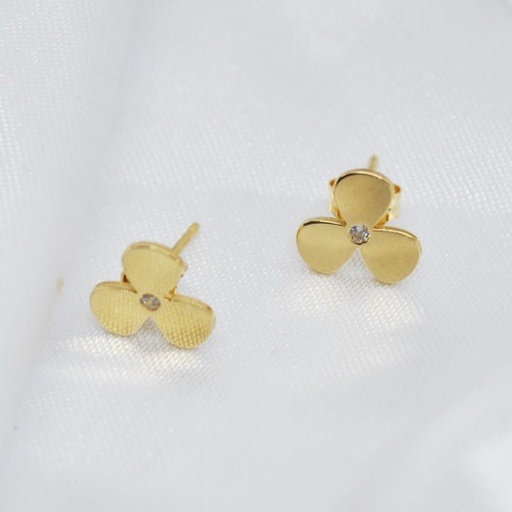 [P18] PENDIENTE en forma de TRÉBOL en Oro Amarillo de 18 kilates y Circonita, Pendientes de la Suerte en Oro de 18 kilates, Circonita, Peso 0.6 g