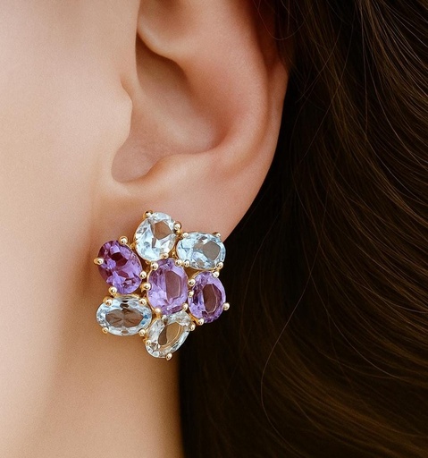 [P1019] Preciosos PENDIENTES en forma de Flor de Aguamarinas y Amatistas en Oro amarillo de 18 k