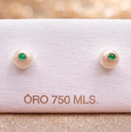 [N 26] PENDIENTES De PERLAS Cultivas  de río Blancas con Esmeralda, palo y cierre de Oro Amarillo 18K, Pendiente de Oro con cierre de rosca