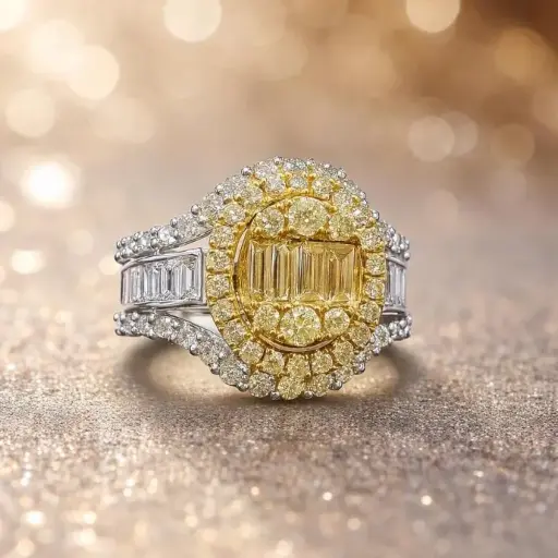 [P 1129] ANILLO en Forma de Sello de Brillantes en Oro Amarillo y Blanco de 18 kilates