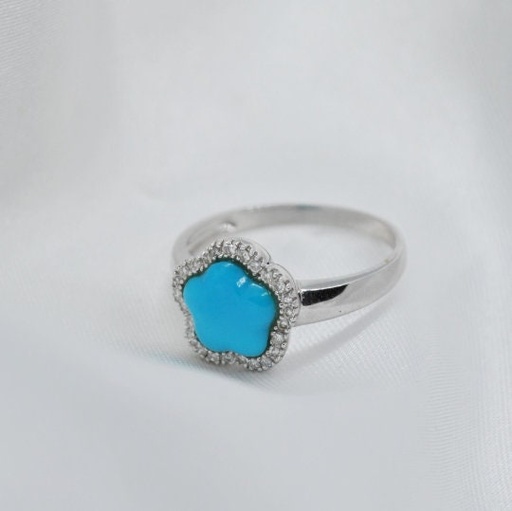 [An10] ANILLO TURQUEZA NATURAL Arizona en forma de Trébol y Diamantes, Anillo de Oro Blanco 18 kl Turquesa y Diamantes, Turquesa Natural 10x8mm