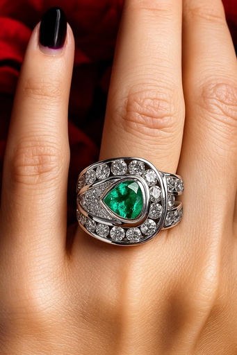 [P 1058] ANILLO de ESMERALDA y DIAMANTES en Oro Blanco 18 k, Anillo de Oro Blanco 18k con 